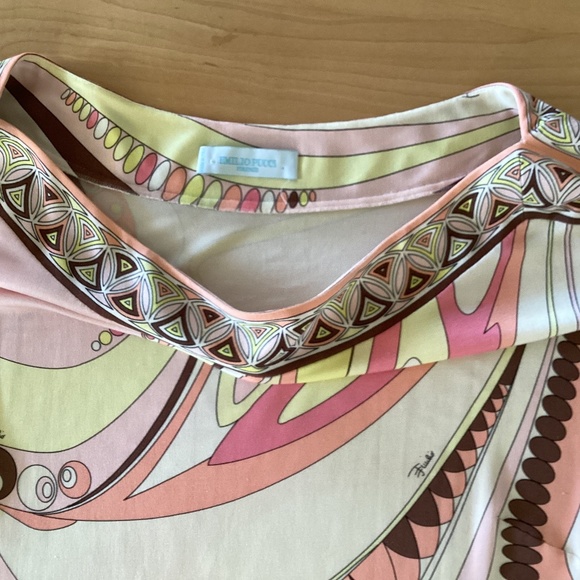 Emilio Pucci Firenze 100% silk jersey tunic top cap sleeves yellow pink abstract - Picture 2 of 11